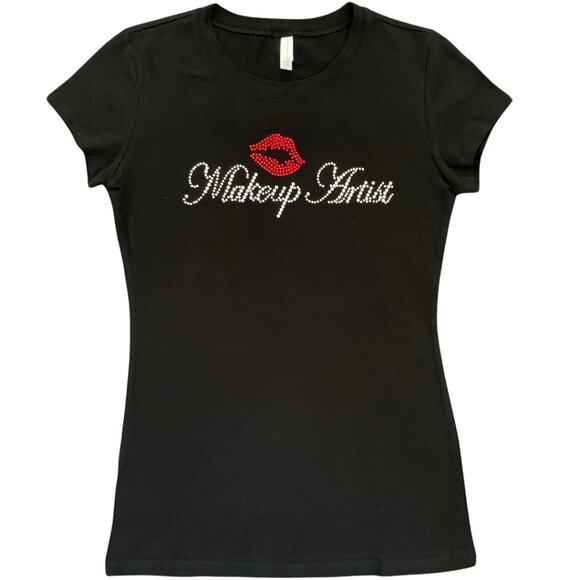 MAKEUP ARTIST Rhinestone Graphic Embellished Black T-Shirt Size Large - NEW - Picture 2 of 5